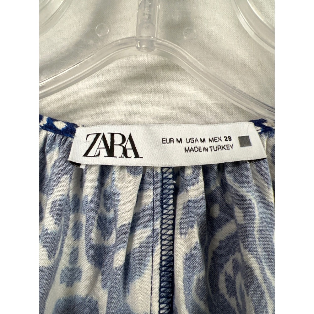 Zara Mini Dress Womens Medium Blue White Ikat Damask Ruffle Balloon Sleeve Boho - Picture 3 of 11